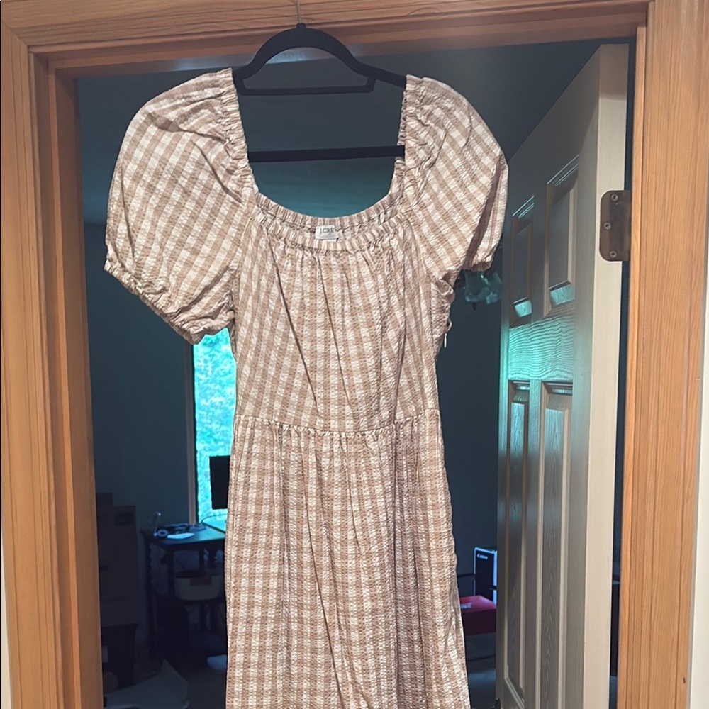 J. Crew Brown and White Puff Sleeve Midi Sundress